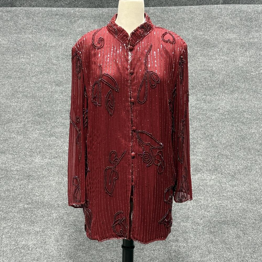 Silhouettes Blouse Womens 18W Wine 100% Silk Beaded Sequin Long Sleeve Evening